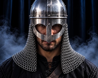 May include: A polished steel helmet featuring a rounded dome with rivets and a protective face guard. A silver chainmail aventail hangs from the base of the helmet, covering the shoulders. The helmet is worn over a black quilted tunic with a leather strap.