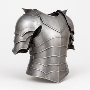 May include: A silver-colored medieval chest armor with shoulder and arm protection. The armor has layered plates and is secured with buckles. The design features a pointed neckline and is set against a white background.