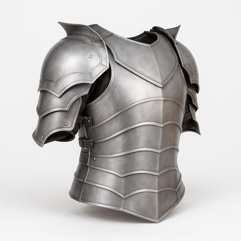 May include: A silver-colored medieval chest armor with shoulder and arm protection. The armor has layered plates and is secured with buckles. The design features a pointed neckline and is set against a white background.