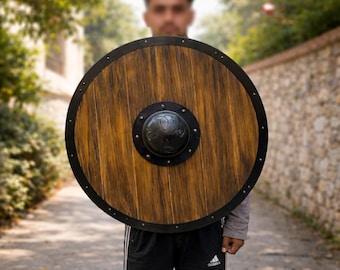 Ręcznie robiona tarcza wikingów: Okrągła drewniana tarcza bojowa | Zbroja cosplay LARP, wystrój średniowieczny