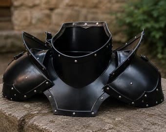 Black Medieval Knight Armor – Steel Gorget and Pauldrons Shoulder Set for LARP Cosplay