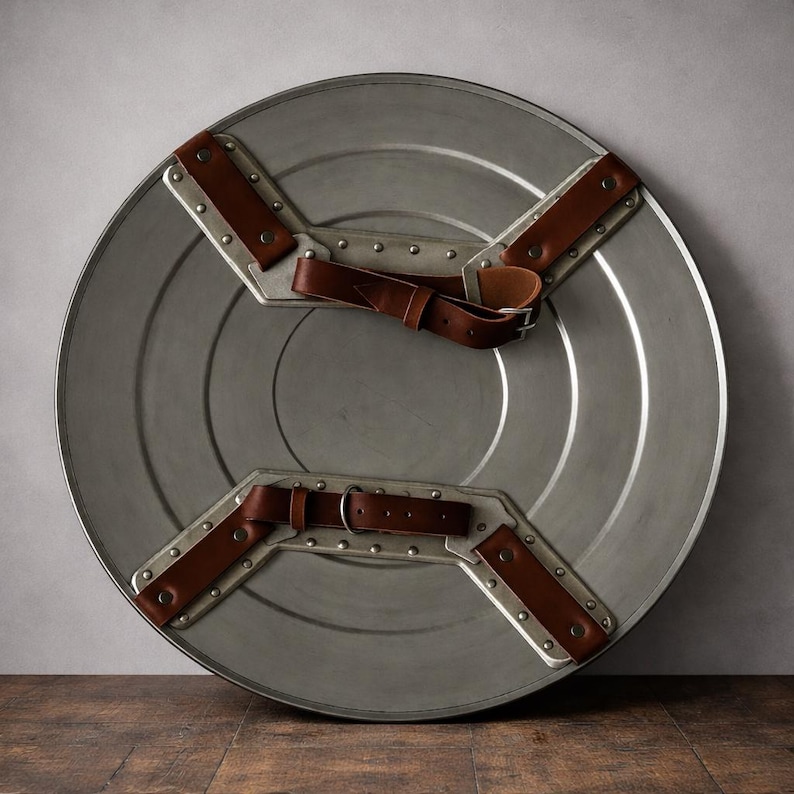 May include: A silver-colored, round shield with brown leather straps and rivets. The shield has a weathered appearance and a ridged design. The leather straps are secured with buckles and are arranged in a cross pattern on the back.