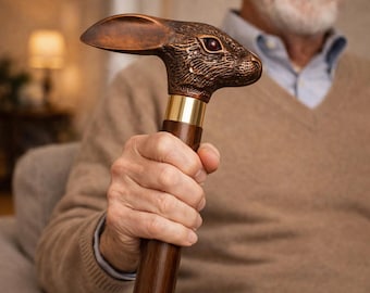 Ręcznie rzeźbiona laska w kształcie głowy królika – zabytkowy drewniany kij, mosiężny uchwyt