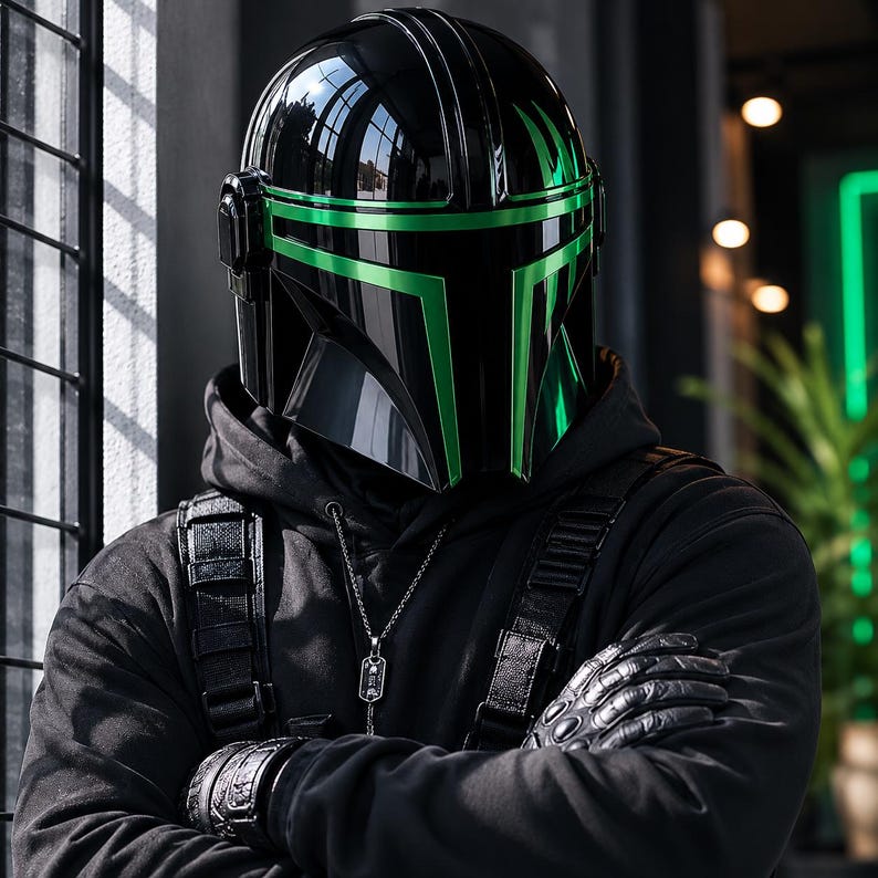 Puede incluir: Un casco negro con detalles verdes, que recuerda a un dise&ntilde;o mandaloriano. El casco es brillante y reflectante, con una est&eacute;tica elegante y moderna. La imagen tambi&eacute;n muestra una sudadera con capucha negra, guantes y un collar.