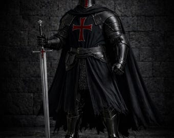 Noszona Czarna Zbroja Rycerza Templariusza | Gotycka Średniowieczna Stalowa Zbroja Krzyżowca | Kostium Cosplay LARP