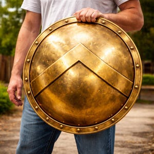 May include: A large, round, golden-colored shield with a prominent chevron design. The shield has a riveted border and a polished finish, suggesting a historical or decorative item. The shield is held by a person.