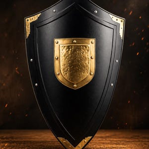 Puede incluir: Un escudo negro con detalles dorados, incluyendo esquinas y un emblema central. El escudo tiene una forma curvada y está adornado con remaches. El fondo es un degradado oscuro, evocando un ambiente medieval o de fantasía.