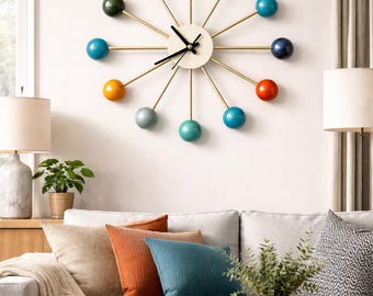 Zegar ścienny w stylu Mid Century Modern, wzór kuli atomowej w kształcie gwiazdy, retro zegar mosiężny, wystrój domu