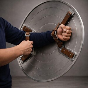 May include: A silver-colored, circular shield with concentric rings and brown leather straps. The shield has a metallic finish and is held by the straps. The shield is a prop or collectible item.