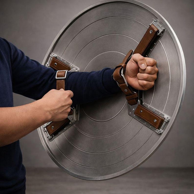 May include: A silver-colored, circular shield with concentric rings and brown leather straps. The shield has a metallic finish and is held by the straps. The shield is a prop or collectible item.