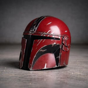 May include: A weathered, red helmet with black accents and silver scratches. The helmet has a rounded top with a black stripe and a rectangular visor. The design suggests a sci-fi or cosplay theme.
