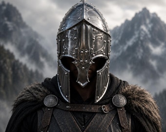 May include: A polished silver metal helmet with a pointed crest and riveted details, worn over a dark hooded garment with a textured brown leather harness and fur-trimmed shoulders, featuring circular metal clasps on the chest straps.