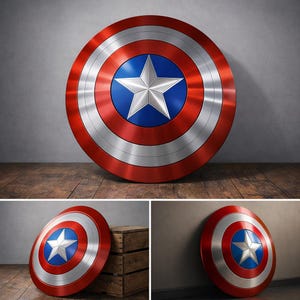 May include: A round shield with a red, silver, and blue color scheme. The shield features a silver five-pointed star in the center, surrounded by a blue circle. The outer ring is red, with silver bands separating the colors. The shield is leaning against a gray wall.