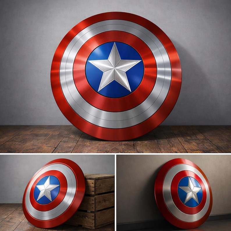 May include: A round shield with a red, silver, and blue color scheme. The shield features a silver five-pointed star in the center, surrounded by a blue circle. The outer ring is red, with silver bands separating the colors. The shield is leaning against a gray wall.