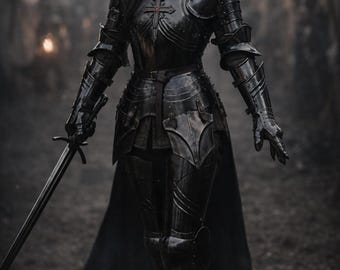 Kompletny zestaw zbroi rycerskiej dla kobiet: czarny średniowieczny gotycki strój - zbroja królowej wojowniczki fantasy cosplay.