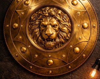 Średniowieczna tarcza z głową lwa: miękka stalowa zbroja rycerza wojownika – wystrój domu w stylu antycznym