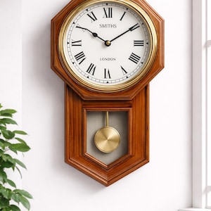 Pendulum Wooden Wall Clock - Handmade Vintage -  Roman Numeral Wall Decor.