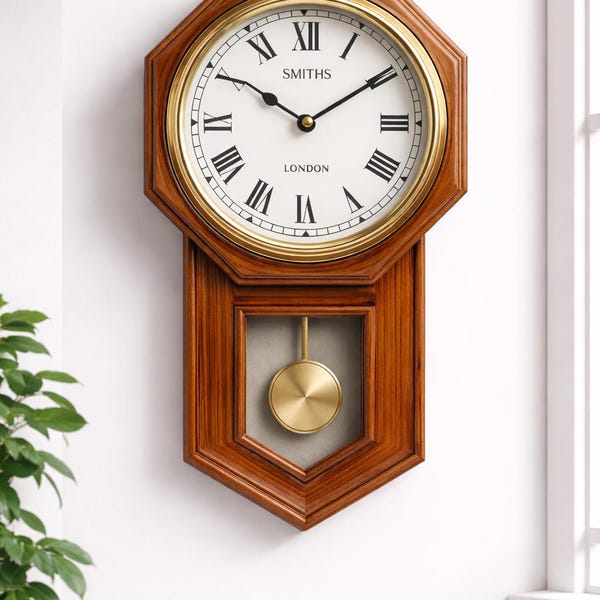 Pendulum Wooden Wall Clock - Handmade Vintage -  Roman Numeral Wall Decor.