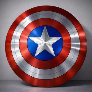May include: A metallic red, silver, and blue shield with a central white star. The shield has concentric circles of red, silver, and blue, with a large white star in the center. The shield is a prop or collectible.