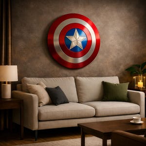 May include: A Captain America shield, red, silver, and blue, hangs on a brown wall above a beige sofa. The shield features a white star in a blue circle, surrounded by silver and red concentric rings. A dark brown coffee table and side table are in front of the sofa.