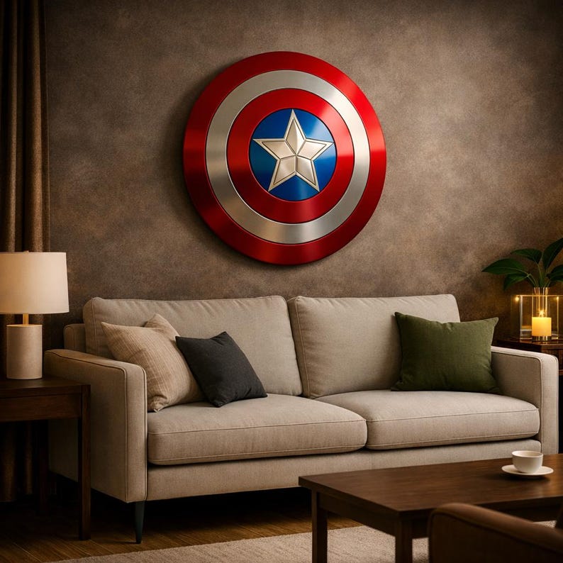 May include: A Captain America shield, red, silver, and blue, hangs on a brown wall above a beige sofa. The shield features a white star in a blue circle, surrounded by silver and red concentric rings. A dark brown coffee table and side table are in front of the sofa.