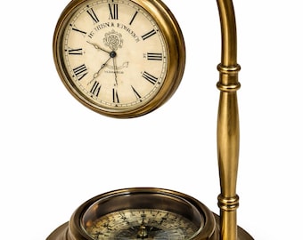 Antyczny mosiężny zegar stołowy z kompasem: ręcznie robiony antyczny zegar biurkowy na prezent