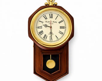 Antyczny mosiężny zegar ścienny z wahadłem | Drewniany zegar z cyframi rzymskimi | Klasyczny wystrój domu