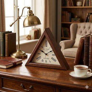 May include: A triangular wooden clock with a cream face and black Roman numerals. The clock face reads "Oxford" and "Jay & Walker Est 1896." A brass desk lamp and books are on a wooden desk. The clock is a decorative item.
