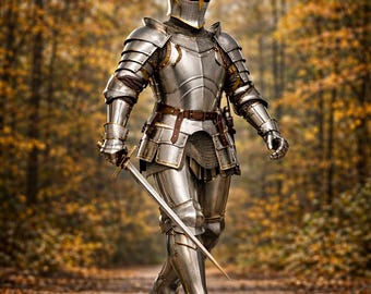 Noszona zbroja średniowiecznego rycerza | Stalowy hełm i płyta krzyżowca Barbuta, kostium wojownika cosplay
