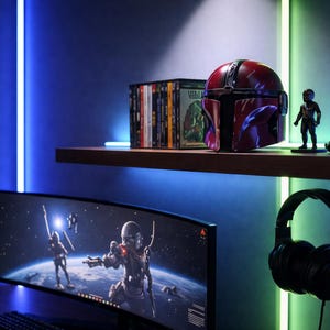 May include: A gaming setup featuring a curved monitor displaying a space scene, a Mandalorian helmet, and a small figurine. The setup includes a shelf with DVDs and a pair of black headphones hanging below. The room is illuminated with blue and green LED lights.
