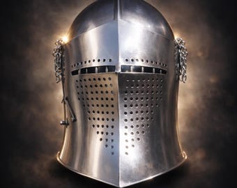 Hełm rycerza krzyżowca ze średniowiecza – ręcznie robiony hełm ze stali gotyckiej – LARP, cosplay i wystrój domu