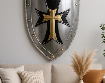 Medieval Knight Shield: Templar Black Gold Cross Shield - Handmade Armor LARP Cosplay Replica