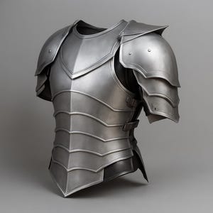 May include: A silver-colored medieval breastplate with shoulder guards. The armor has layered plates and is secured with buckles. The design suggests a historical or fantasy theme, suitable for cosplay or display.