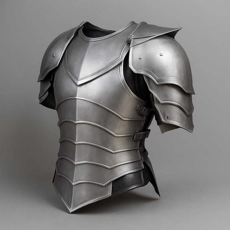 May include: A silver-colored medieval breastplate with shoulder guards. The armor has layered plates and is secured with buckles. The design suggests a historical or fantasy theme, suitable for cosplay or display.