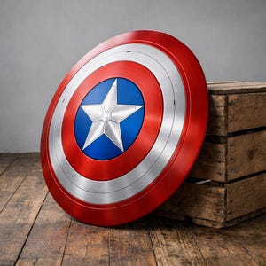May include: A red, white, and blue shield with a star emblem. The shield has a circular design with concentric rings of red, silver, and blue. The central blue circle features a white, five-pointed star. The shield is leaning against a wooden crate.
