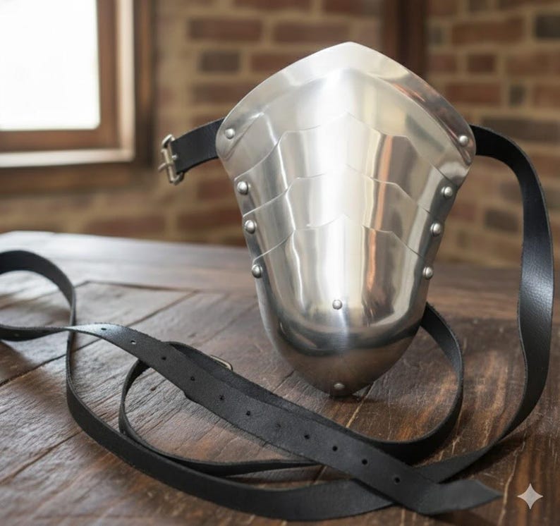 May include: A polished steel pauldron, a piece of medieval armor, with a curved design and riveted segments. It features a black leather strap for attachment. The pauldron is displayed on a wooden surface.