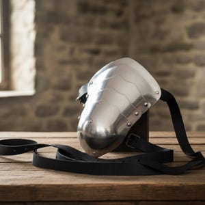 May include: A polished steel shoulder armor piece with riveted details and a curved design. Black leather straps are attached for securing the armor. The piece is displayed on a wooden surface, suggesting historical or fantasy themes.