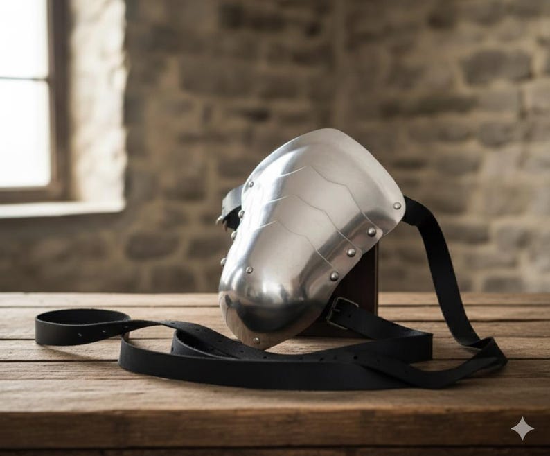 May include: A polished steel shoulder armor piece with riveted details and a curved design. Black leather straps are attached for securing the armor. The piece is displayed on a wooden surface, suggesting historical or fantasy themes.