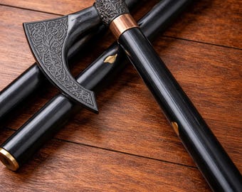 Vintage Black Axe Walking Cane: Victorian Gentleman Wooden Stick Antique Style,Gift for Men