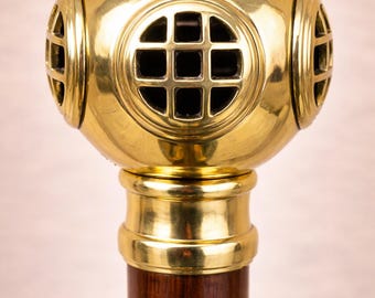 Laska do chodzenia z hełmem nurkowym w stylu vintage: antyczny mosiądz, męska laska | Luksusowa laska na prezent