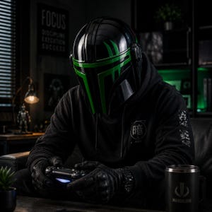 Puede incluir: Un casco mandaloriano negro y verde con detalles verdes, usado con una sudadera con capucha negra. La persona sostiene un mando de videojuegos. Se ve una taza negra con la palabra "Mandalore".