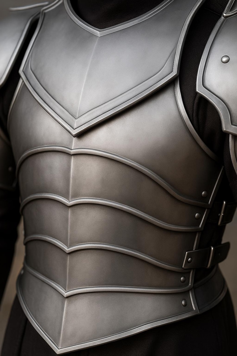 May include: Close-up of a silver-colored chest armor with a layered design. The armor features a V-shaped neckline and horizontal curved plates. Rivets and buckles secure the armor, suggesting a medieval or fantasy theme.