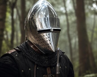 May include: A polished steel knight helmet with a pointed visor, horizontal eye slits, and a perforated lower section. The helmet is worn over a dark chainmail coif and a black quilted gambeson with metal studs and brown leather straps.