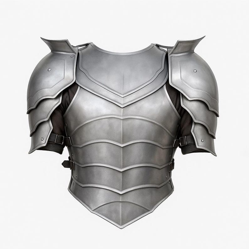 May include: A silver-colored medieval chest armor with shoulder guards. The armor is made of metal plates and features a layered design. The chest piece has a series of horizontal ridges and is secured with buckles. The shoulder guards are articulated for movement.
