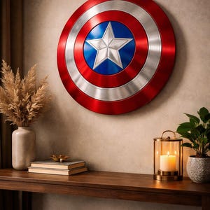 May include: A red, white, and blue Captain America shield, a circular emblem with a silver star on a blue center, surrounded by silver and red rings. The shield is mounted on a beige wall above a wooden shelf with books, a candle lantern, and a potted plant.