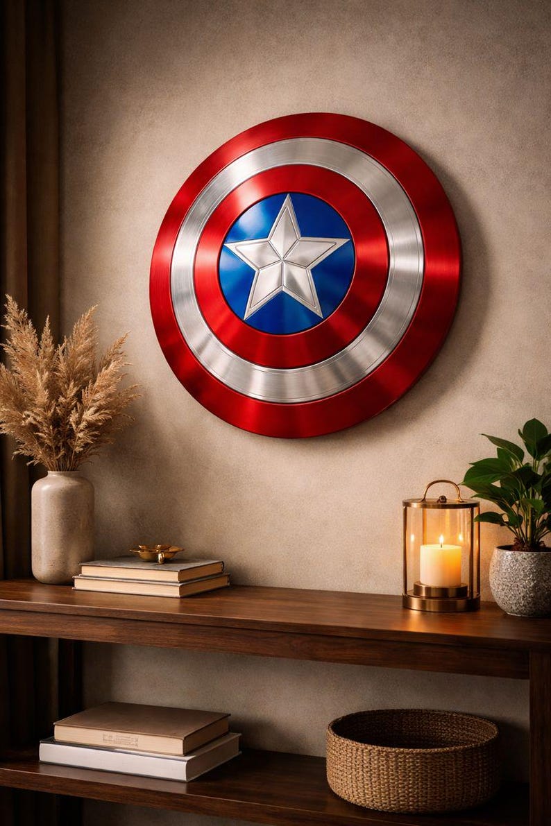 May include: A red, white, and blue Captain America shield, a circular emblem with a silver star on a blue center, surrounded by silver and red rings. The shield is mounted on a beige wall above a wooden shelf with books, a candle lantern, and a potted plant.