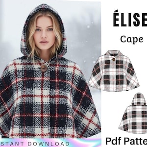 Puede incluir: Una capa con capucha con un patrón de cuadros negro, blanco y rojo. La capa tiene un cierre de botón de madera grande. La imagen también incluye un diagrama de la capa y el texto "ÉLISE Cape", "Instant Download" y "Pdf Pattern".