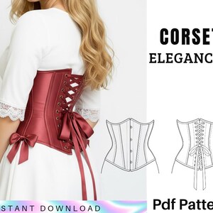 May include: A burgundy corset with a satin finish, featuring a lace-up back and decorative bows. The image also includes a line drawing of a corset and the text "CORSET ELEGANCE" and "Pdf Pattern".