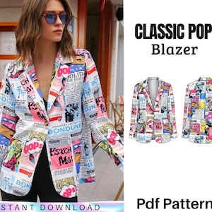 Pode incluir: Um blazer branco com uma colorida estampa pop art de jornal. O blazer apresenta um design clássico com gola entalhada e fecho de botão. O texto "CLASSIC POP Blazer" é exibido em preto.