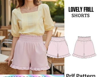 Patrón de shorts con volantes: patrón de costura en PDF para shorts de cintura alta con volantes